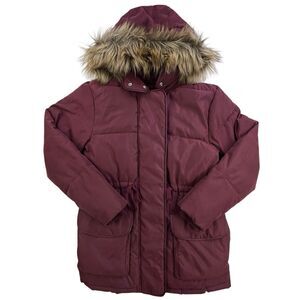 Abercrombie & Fitch Maroon Puffer Jacket with Faux Fur Hood